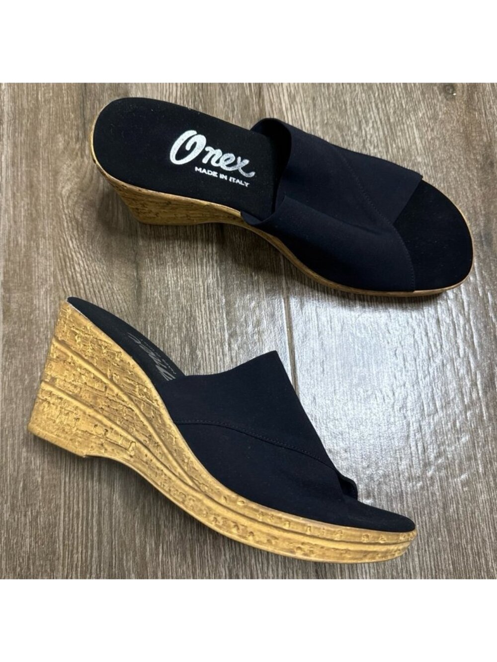 Onex Christina cork wedge sandals black crisscross elastic strap Italy Made 41